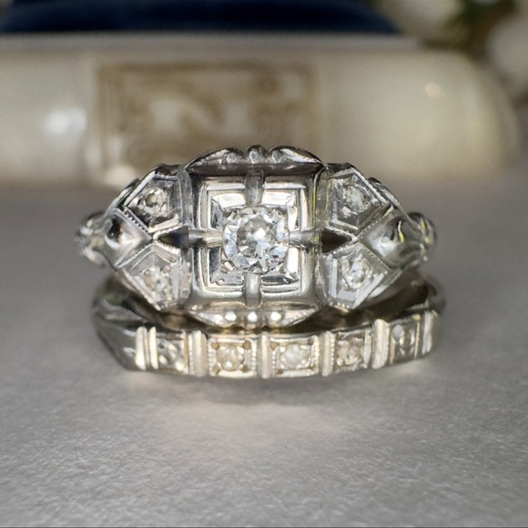 Antique Jewelry - Antique 14K Gold Diamond Engagement Ring & Wedding Band 10K Gold Estate Art Deco